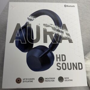 Aura HD Sound Wireless Bluetooth Headphones Navy Blue Sweatproof Noise Isolating